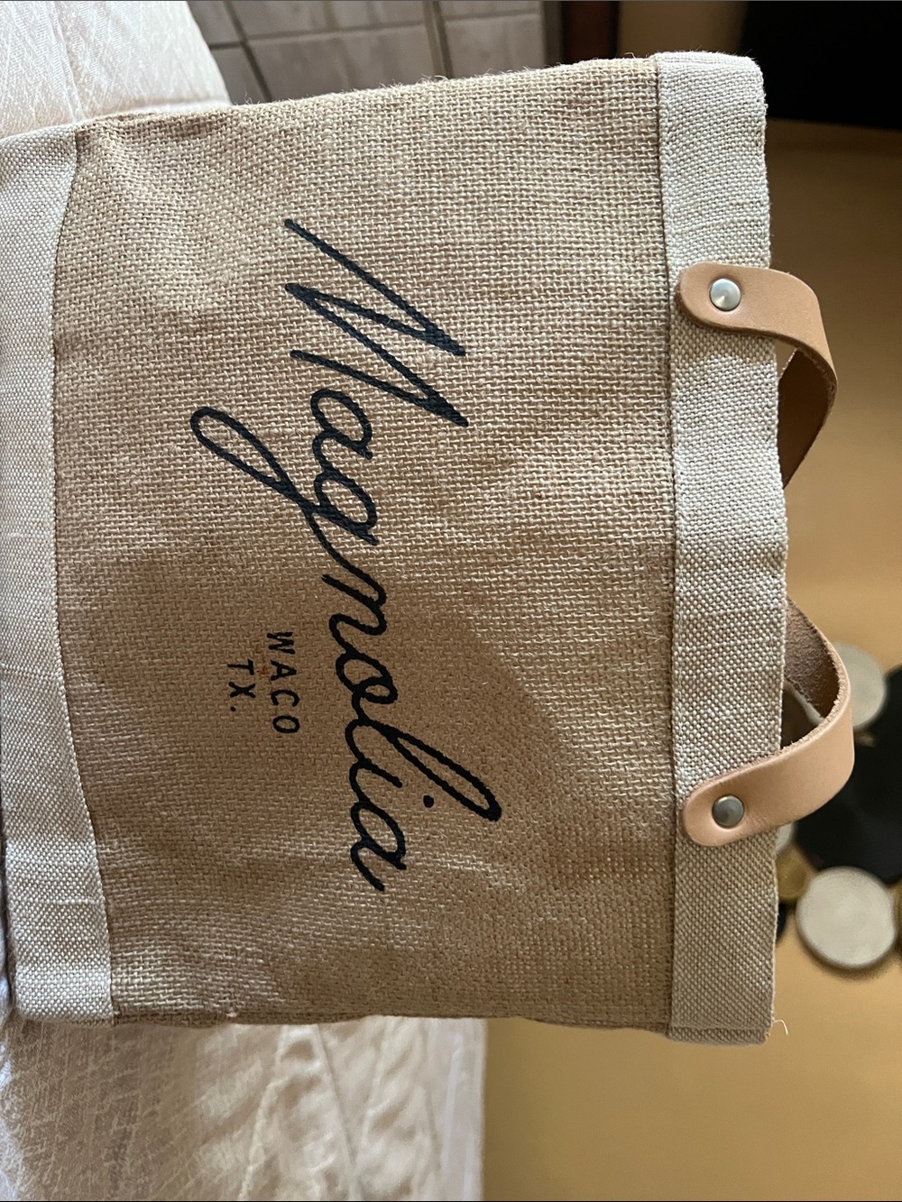 Tan Canvas Tote Bag with Leather Handles